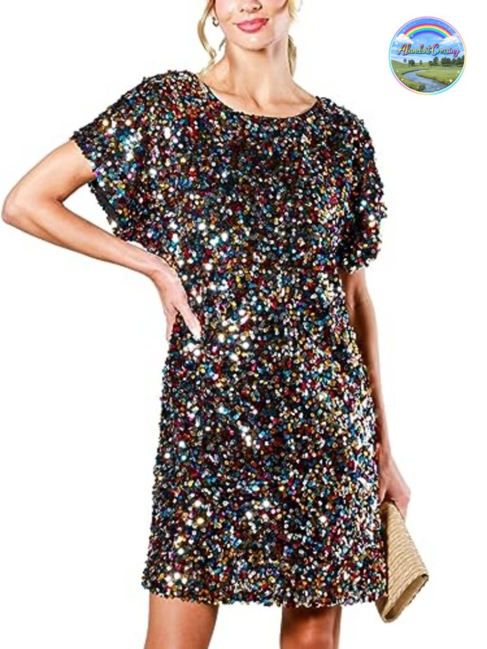 Women's Sequin Shift Dress Short Sleeve Party Midi